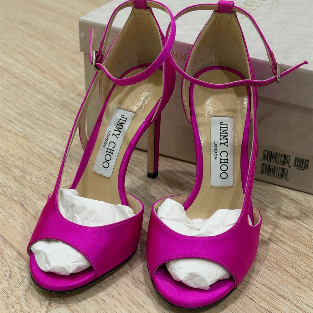 Jimmy Choo Fuchsia Satin Open-Toe Ankle-Strap Heels - Picture 1 of 7
